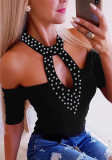 Women's fashion Casual solid color beads Round Neck Off-shoulder short-sleeved ladies tops t-shirts