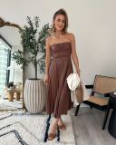 Spring and autumn strapless Casual loose pleated leather dress