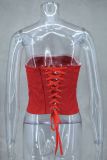Spring Summer sexy fishbone Strapless lace-up top flower short skirt two piece set