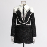 beaded sequin design Turndown Collar long-sleeved short dress