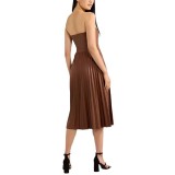 Spring and autumn strapless Casual loose pleated leather dress
