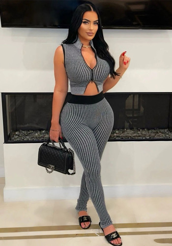 Women's Casual Sexy Knitting sleeveless Crop top High Waist Pants Two-piece Set