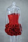 Spring Summer sexy fishbone Strapless lace-up top flower short skirt two piece set