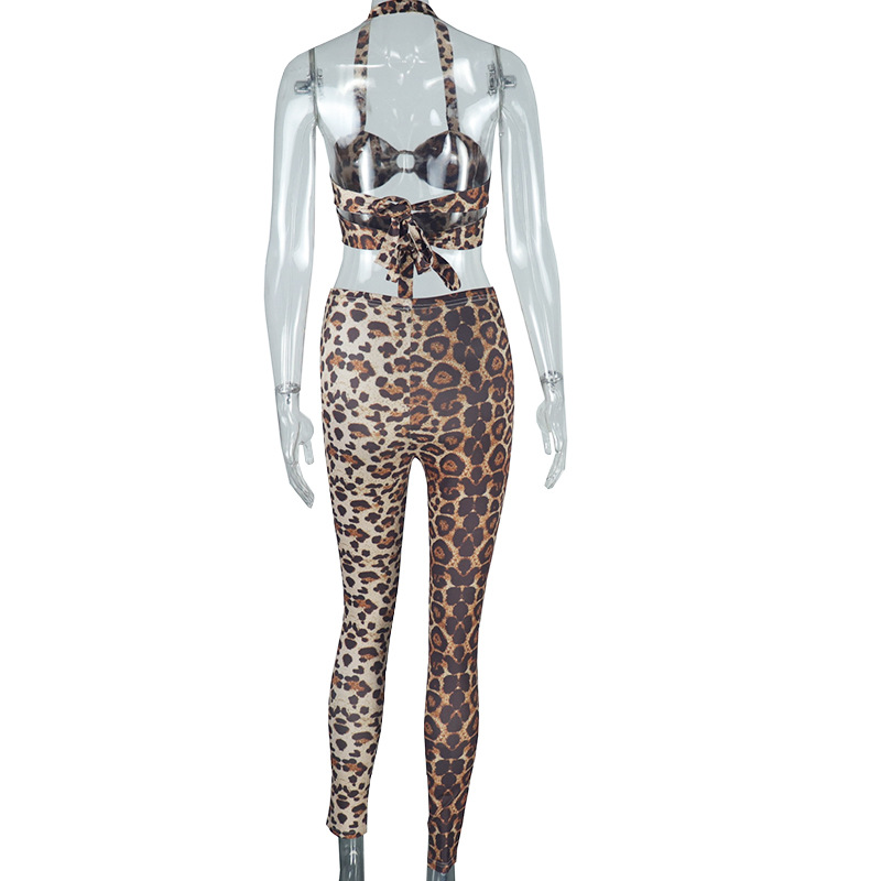 Women's fashion leopard print sexy strapless strap crop vest trousers two-piece set