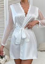Sexy pajamas satin polka dot mesh patchwork see-through nightgown temptation ladies robe