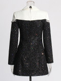 beaded sequin design Turndown Collar long-sleeved short dress