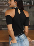 Women's fashion Casual solid color beads Round Neck Off-shoulder short-sleeved ladies tops t-shirts