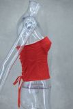 Spring Summer sexy fishbone Strapless lace-up top flower short skirt two piece set