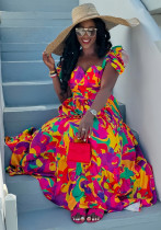 Women's spring puffy short sleeve color matching print Slim Waist pleated long dress