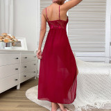 Sexy deep v neck lace chiffon pajamas side slit strap long nightdress  home clothes for women