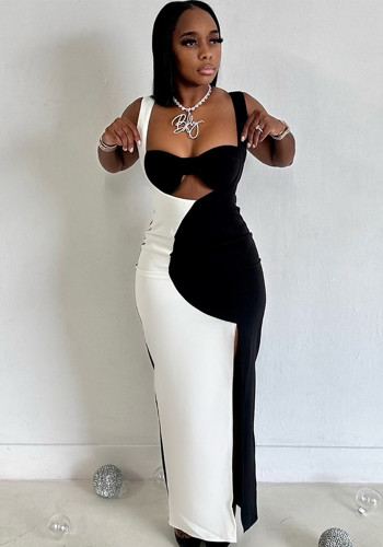 Fashionable women's clothing black and white color matching Low Back strap sleeveless slit long dress