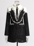 beaded sequin design Turndown Collar long-sleeved short dress