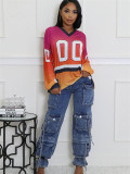 spring contrasting fashion printed loose Casual sports long sleeve jersey v-neck top