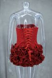 Spring Summer sexy fishbone Strapless lace-up top flower short skirt two piece set