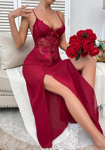 Sexy deep v neck lace chiffon pajamas side slit strap long nightdress  home clothes for women