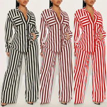 Women's Fashion Casual Long Sleeve Striped Shirt Pants Loose Two-piece Set