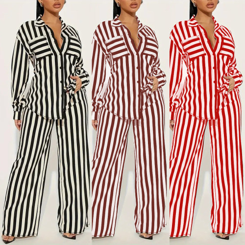 Women's Fashion Casual Long Sleeve Striped Shirt Pants Loose Two-piece Set