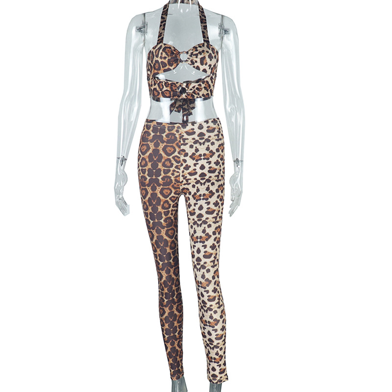 Women's fashion leopard print sexy strapless strap crop vest trousers two-piece set
