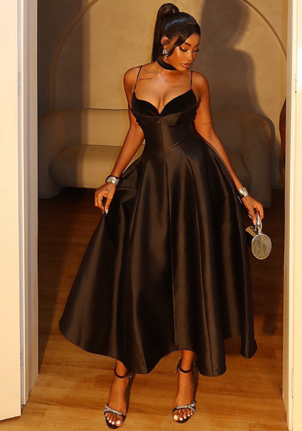 Women's autumn elegant strap v-neck high waist A-line long dress