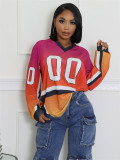spring contrasting fashion printed loose Casual sports long sleeve jersey v-neck top
