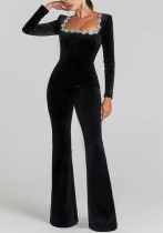 Diamond velvet square neck long sleeve high waist slim Bell Bottom Jumpsuit Diamond velvet square neck long sleeve high waist slim Bell Bottom Jumpsuit