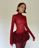 Spring Summer sexy fishbone Strapless lace-up top flower short skirt two piece set
