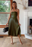 Spring and autumn strapless Casual loose pleated leather dress