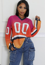 spring contrasting fashion printed loose Casual sports long sleeve jersey v-neck top