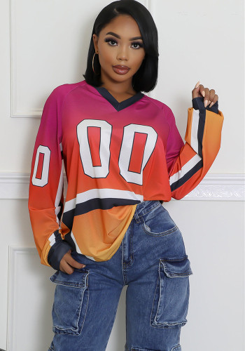spring contrasting fashion printed loose Casual sports long sleeve jersey v-neck top