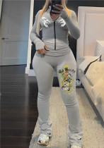 fashion high street printed zippered top high waist straight pants yoga clothes two-piece set