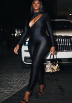 trend Solid color sexy hollow long sleeves Tight Fitting Fitness Jumpsuit