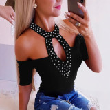 Women's fashion Casual solid color beads Round Neck Off-shoulder short-sleeved ladies tops t-shirts