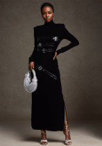 spring Stand Collar Long-sleeved Patchwork lace-up slim long dress