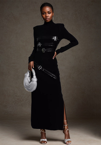 spring Stand Collar Long-sleeved Patchwork lace-up slim long dress