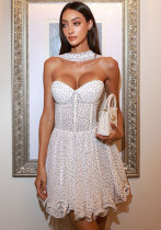 high street V-neck sexy polka dot print Strapless high waist slim dress