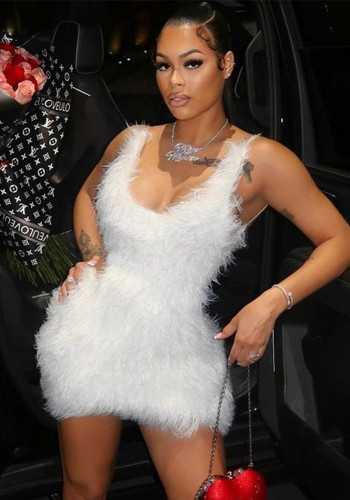 Women's fashion sexy hollow Low Back zipper solid color fur strap Bodycon dress