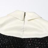 beaded sequin design Turndown Collar long-sleeved short dress