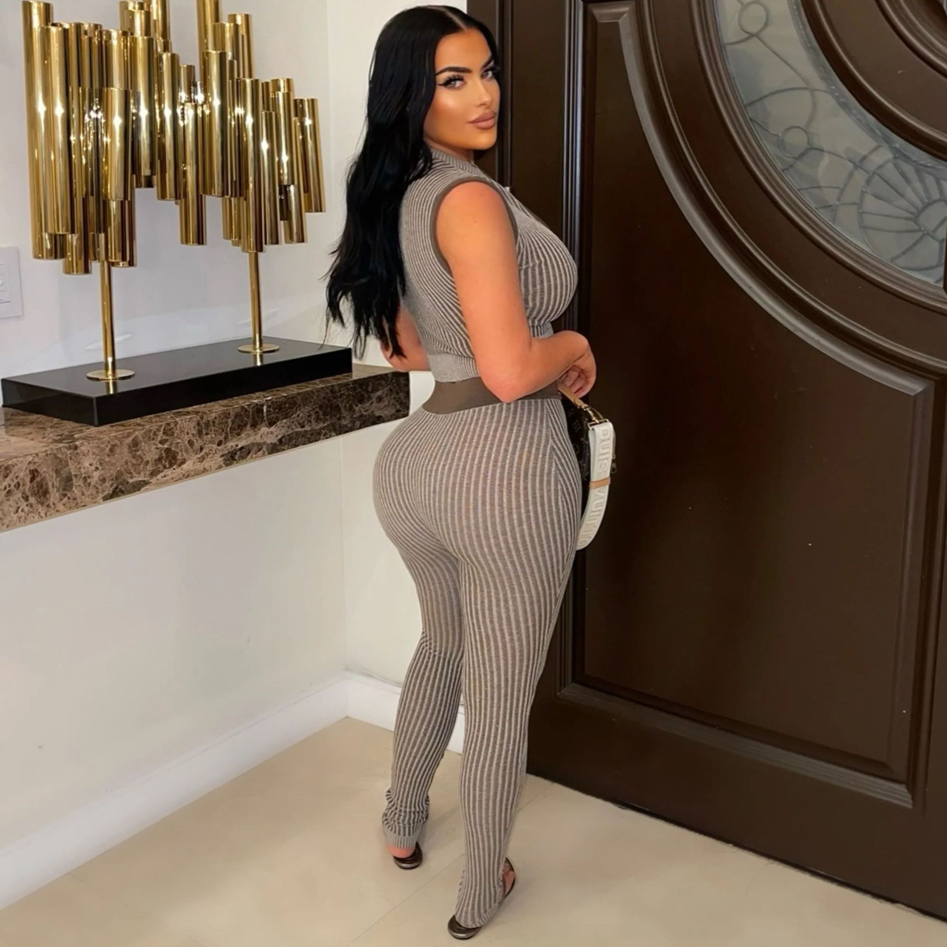 Women's Casual Sexy Knitting sleeveless Crop top High Waist Pants Two-piece Set