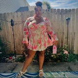 Women Bell Bottom Long-sleeved Lace-up Ruffled Flower Print Dress