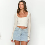 Women Square Neck Long-sleeved Backless Lace-Up Solid Casual T-shirt