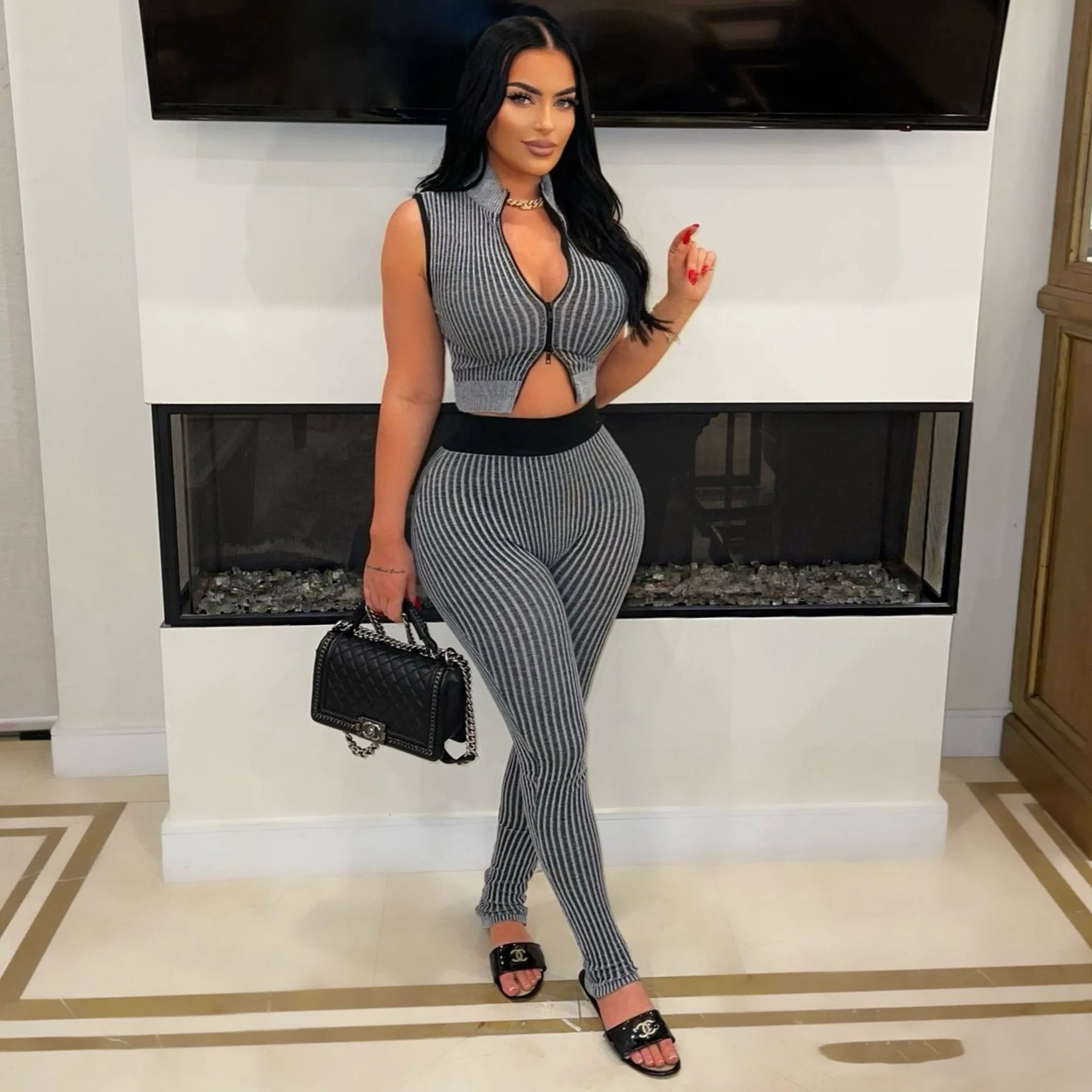 Women's Casual Sexy Knitting sleeveless Crop top High Waist Pants Two-piece Set