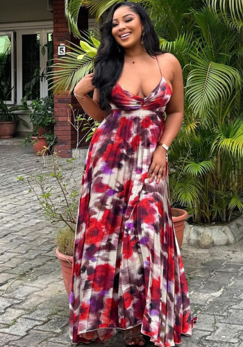 African print pleated strap long sexy dress for women