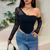 Women Sexy Slash Shoulder Lace Patchwork Top