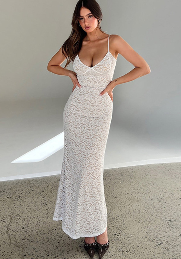 Women Sexy V Neck Lace Strap Bodycon Dress