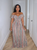 Women Spring Summer Striped Print Off Shoulder Lace-up Dress