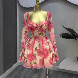 Women Bell Bottom Long-sleeved Lace-up Ruffled Flower Print Dress