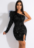 Women Sexy One-shoulder Sequin Slit Bodycon Dress