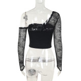 Women Sexy Slash Shoulder Lace Patchwork Top