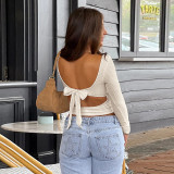 Women Square Neck Long-sleeved Backless Lace-Up Solid Casual T-shirt