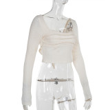 Women Square Neck Long-sleeved Backless Lace-Up Solid Casual T-shirt